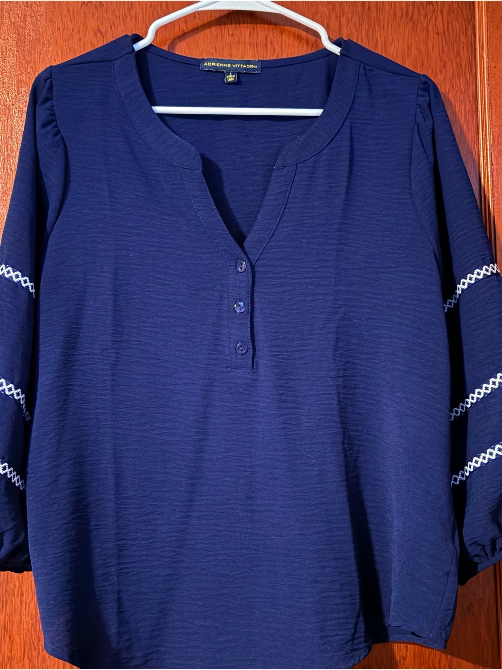 Adrienne Vittadini Navy Blue Henley Top with White Sleeve Trim